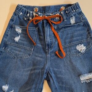 Amazon Women's Blue Boyfriend Jeans with Orange Tie